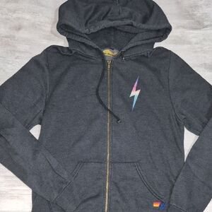 Aviator Nation Bolt Zip Dark Gray Hoodie with Colorful Lightning Bolt